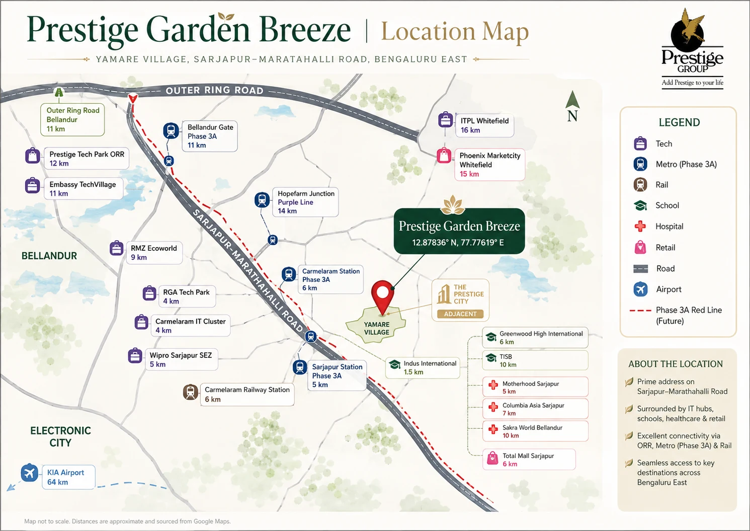 Prestige Garden Breeze location map showing Yamare Village, Sarjapur–Marathahalli Road, tech parks, schools, hospitals and Metro Phase 3A alignment